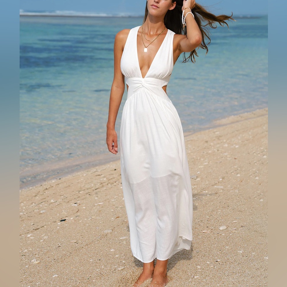 White Maxi Dress with Deep V-Neck - Elegant Beach Dress - Picture 5 of 9